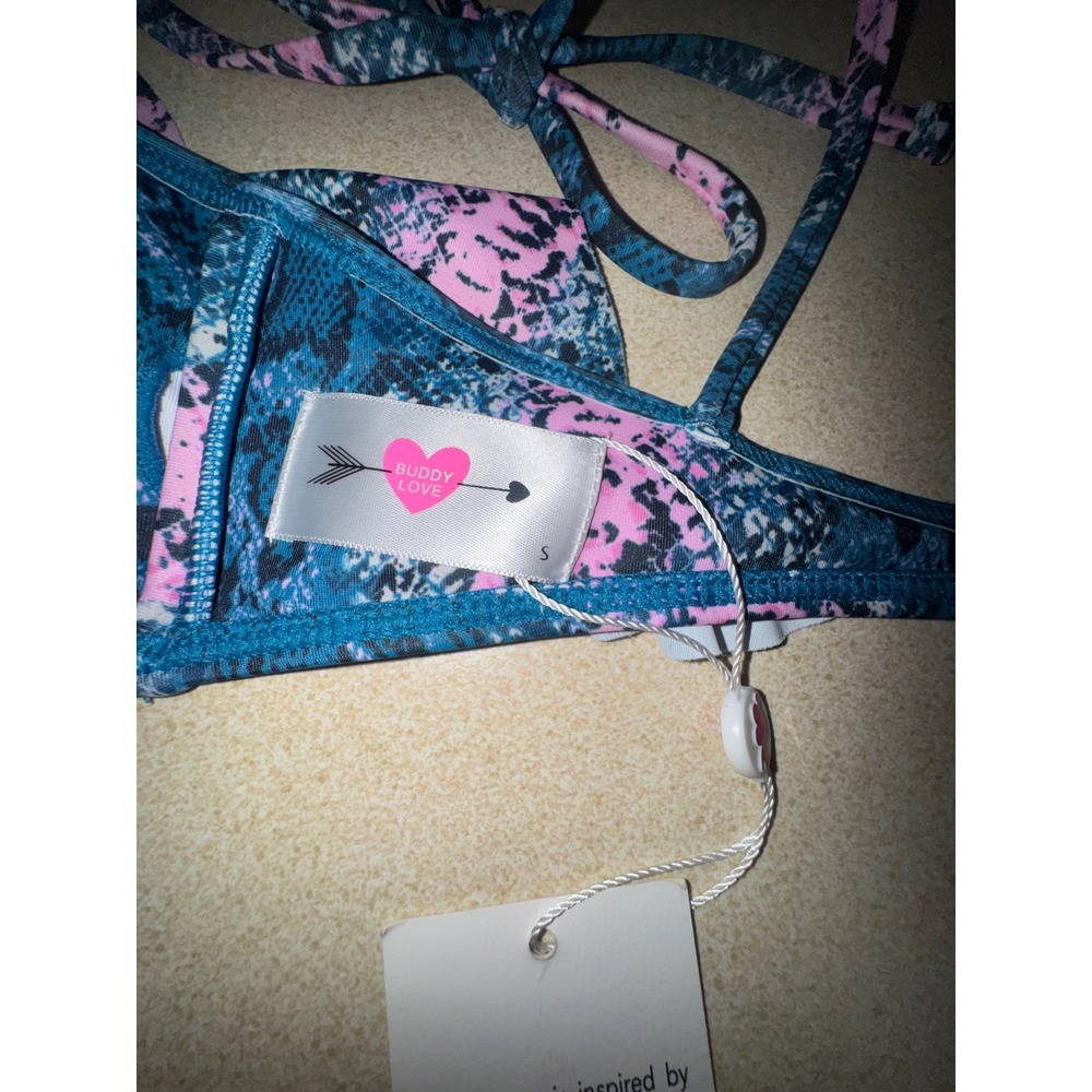 BuddyLove Naomi Bikini Top Pink Teal Snakeskin Ruffle Tie Strap Small NWT - Picture 3 of 5